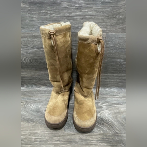 UGG vintage brown tan leather tall Drawatring boots sheepskin Platform Sherpa 9 - Picture 9 of 12
